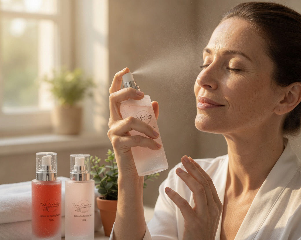 Woman applying Tea-licious Hibiscus Tea Hydrating Mist in soft morning light with natural skin texture.