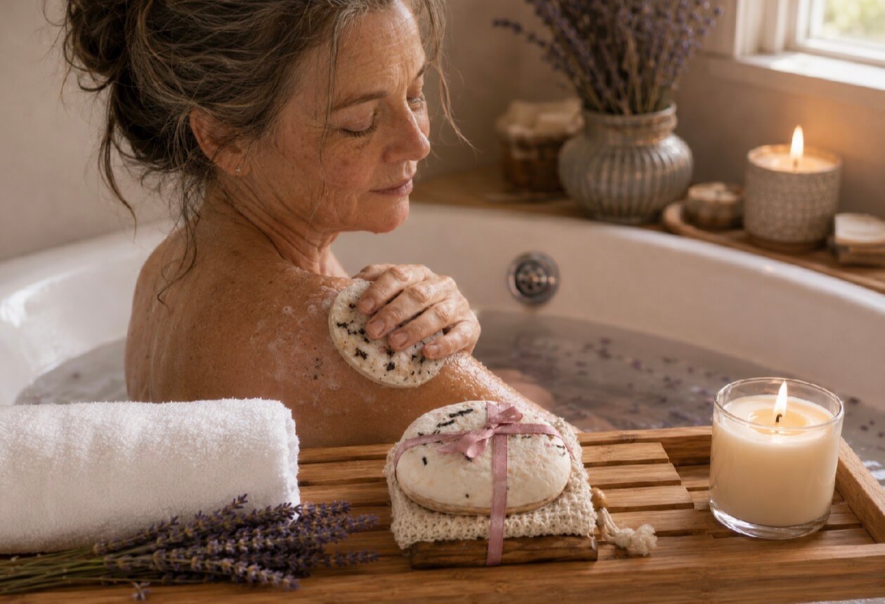 Woman enjoying a relaxing bath with Tea-licious lavender milk tea soap, candlelight, soft towels, and botanical spa atmosphere.