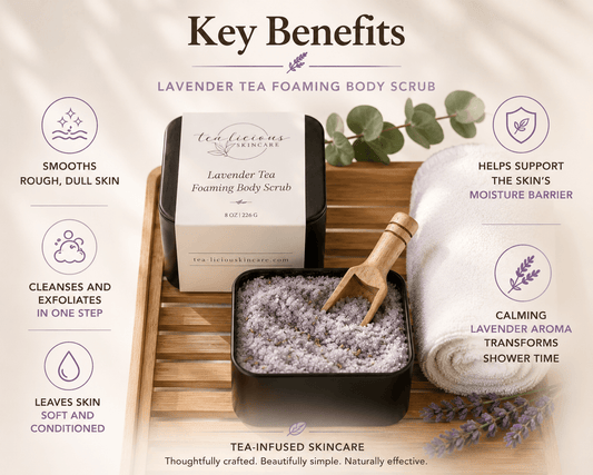 Lavender Tea Foaming Body Scrub with exfoliating, cleansing, and moisturizing skin benefits.