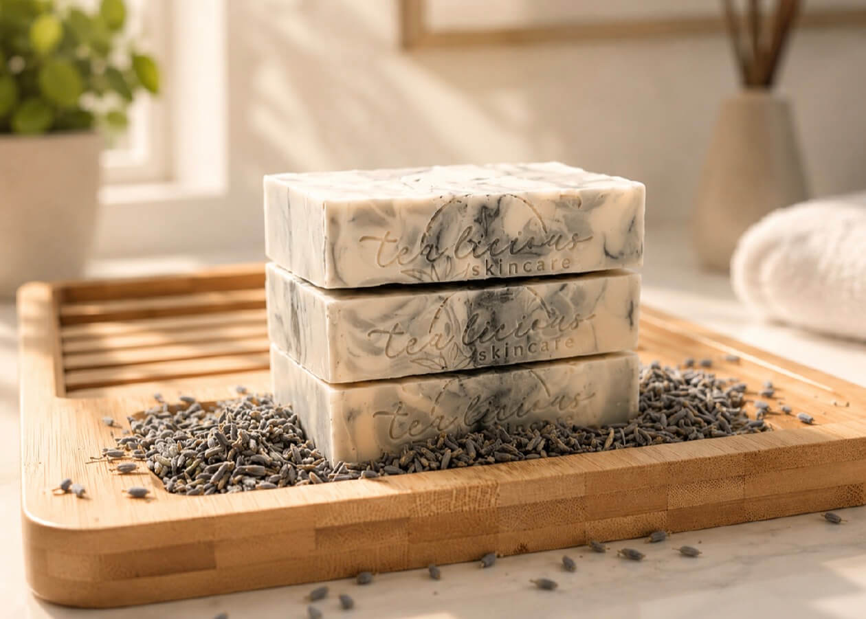 Stack of tea-infused lavender soap bars on wooden tray with lavender buds in soft morning light.