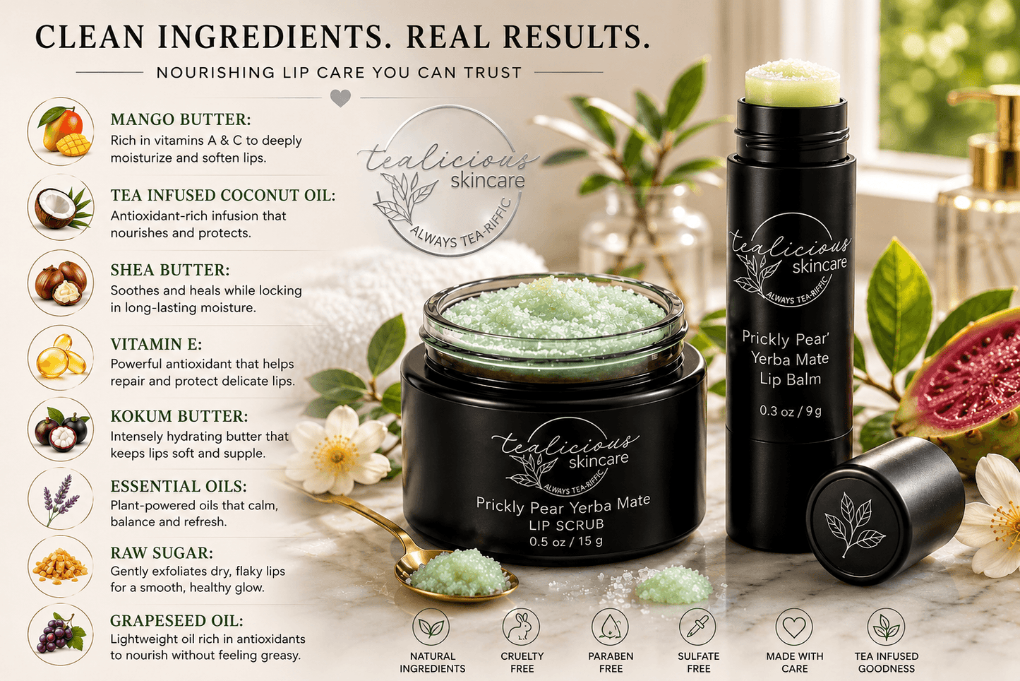 Tea-licious lip care ingredient benefits graphic featuring botanical oils, butters, and tea-infused care.