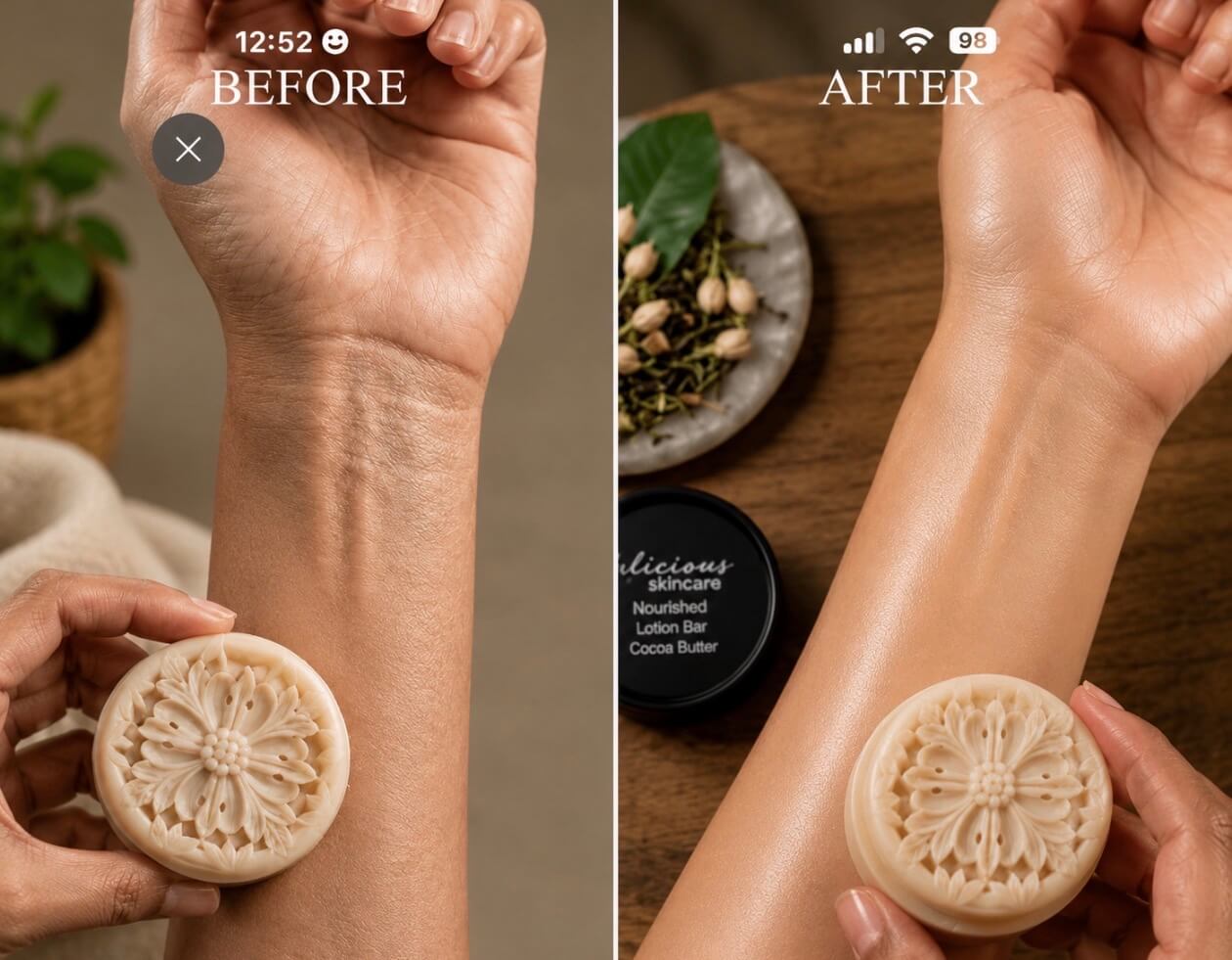 Before and after comparison showing dry skin improved with Tea-licious solid lotion bar moisture.
