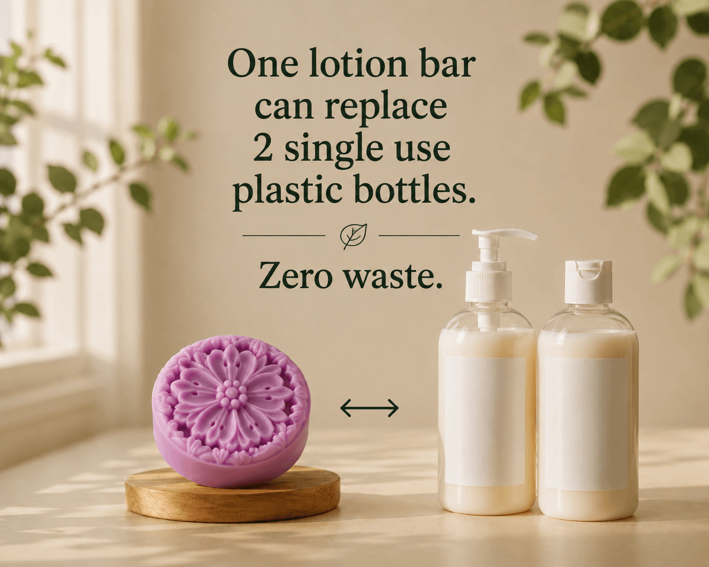 Dragonfruit and coconut Tea-Licious lotion bar beside two plastic bottles with zero-waste message showing one lotion bar can replace two single-use plastic bottles