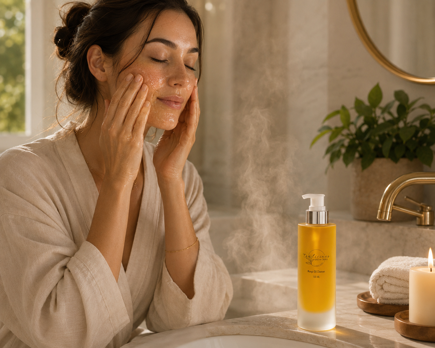 Woman using Tea-licious mango oil cleanser on face in warm steamy bathroom with real skin texture