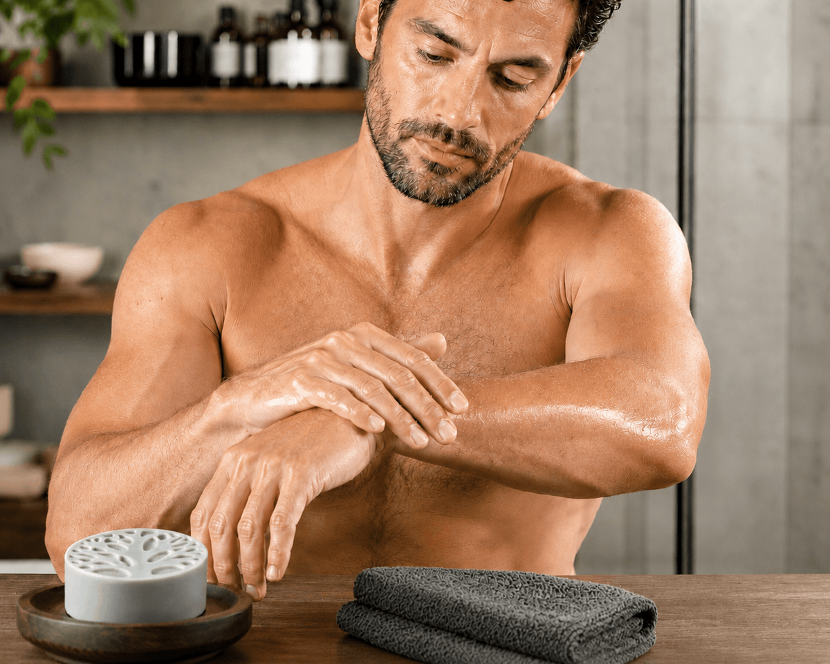 Sophisticated man applying Tea-Licious men’s solid lotion bar to his forearm in a modern bathroom, showing real skin texture and healthy moisturized skin with a masculine grooming routine.