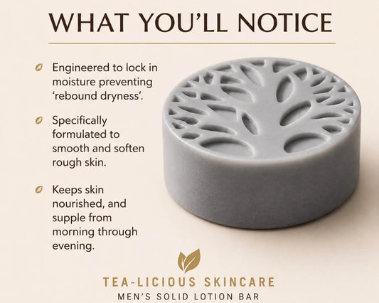 Men’s gray solid lotion bar with key benefits highlighting lasting moisture and skin barrier support.
