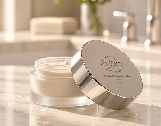 Tea-Licious Skincare moisturizer in a frosted glass jar with a silver lid, photographed on a softly lit bathroom counter.