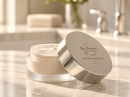 Tea-Licious Skincare moisturizer in a frosted glass jar with a silver lid, photographed on a softly lit bathroom counter.