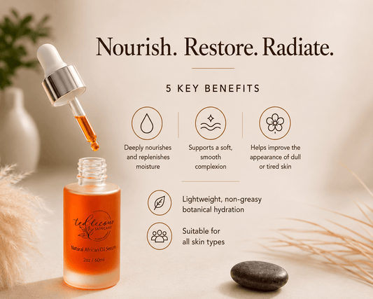 Natural African Oil Serum with five skin benefits in warm spa-inspired natural morning light