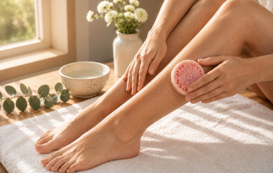 A round, pink artisan lotion bar from Tea-licious Skincare featuring an intricate floral carving, resting on a white washcloth and ceramic plate.