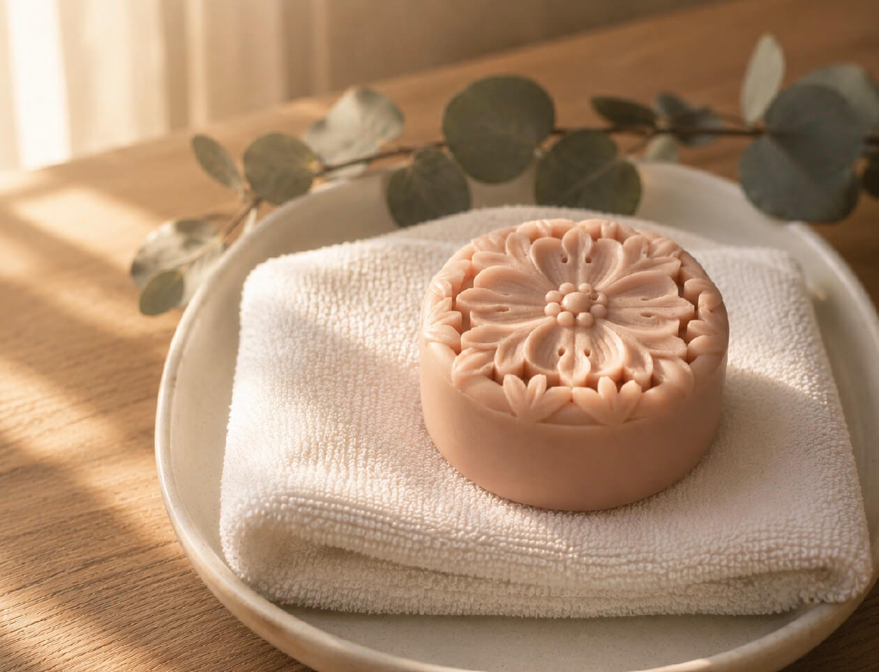 A round, pink artisan lotion bar from Tea-licious Skincare featuring an intricate floral carving, resting on a white washcloth and ceramic plate.