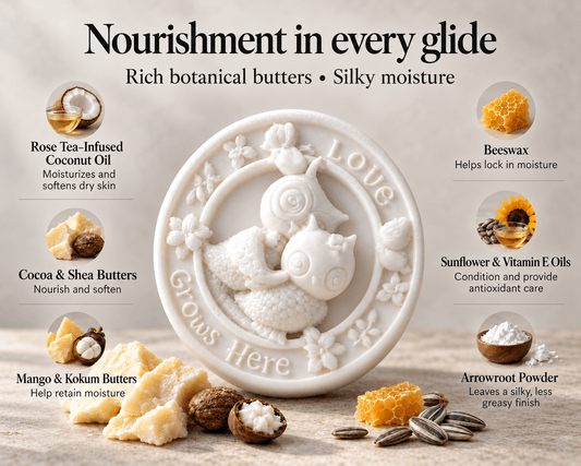 Tea-licious white Rose Petal Massage Bar with two owls and “Love Grows Here” lettering, surrounded by botanical ingredients. Heading: “Nourishment in every glide. Rich botanical butters • Silky moisture.” Ingredient benefits: rose tea-infused coconut oil moisturizes and softens dry skin; cocoa and shea butters nourish and soften; mango and kokum butters help retain moisture; beeswax helps lock in moisture; sunflower and vitamin E oils condition and provide antioxidant care; arrowroot powder leaves a silky,