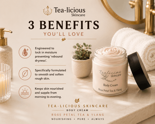 Tea-licious skincare Rose Petal Tea & Ylang Ylang body cream with 3 benefits shown on a luxury bathroom