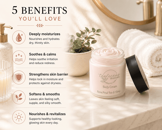 Rose Petal Tea & Ylang Ylang body cream with five benefits shown on a luxury bathroom counter.