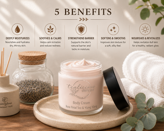 Tea-licious skincare Rose Petal Tea & Ylang Ylang body cream with five benefits in a soft spa bathroom scene.