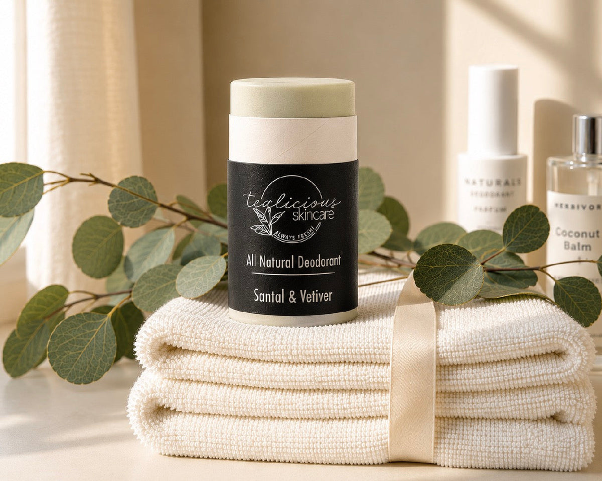 Tea-licious Skincare Santal & Vetiver baking soda free deodorant styled in a warm, minimalist setting with soft morning light.