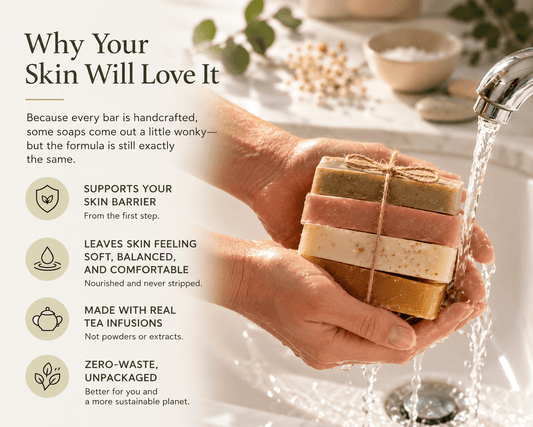 Clinical infographic highlighting Tea-licious soap 5 benefits including skin barrier support and tea infusions.