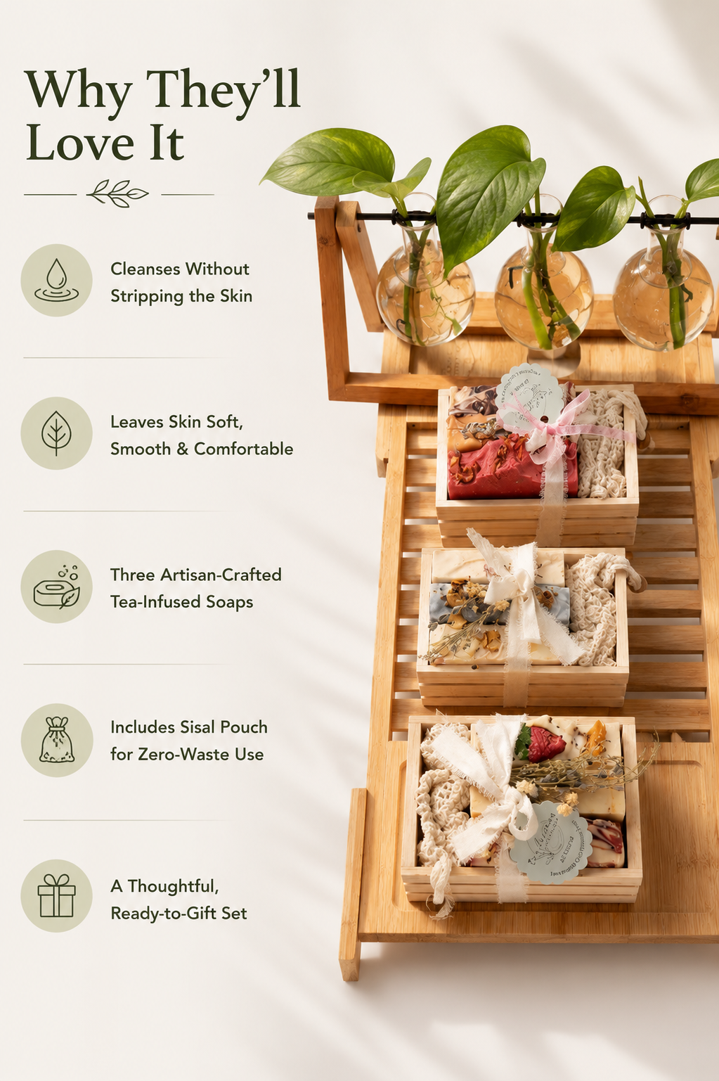 Clinical benefits graphic featuring Tea-licious tea-infused soap gift set and skincare benefits.