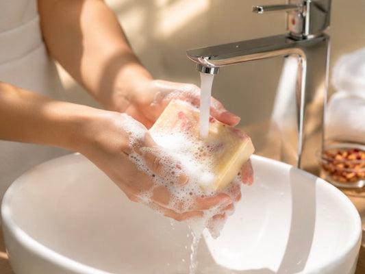 Hands washing with tea-infused soap under warm running water with rich creamy lather and foam.