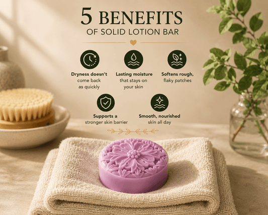 Pink Tea-Licious solid lotion bar on folded towel with five key benefits: lasting moisture, softer skin, stronger barrier support, and reduced dryness.