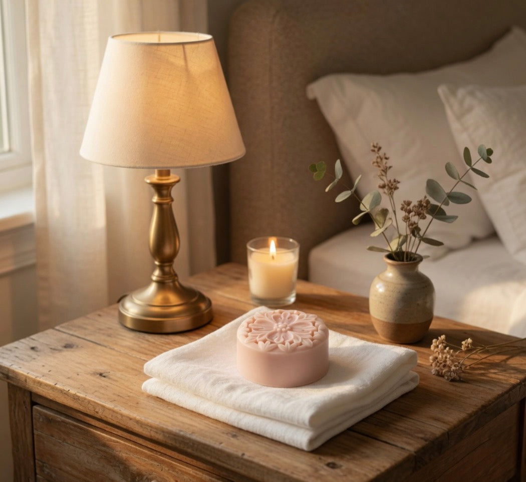 Tea-infused solid lotion bar on folded towel beside candle and lamp in warm elegant bedroom setting