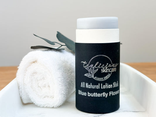Tea-infused solid lotion stick with towel and leaves, waterless moisturizer for soft skin daily