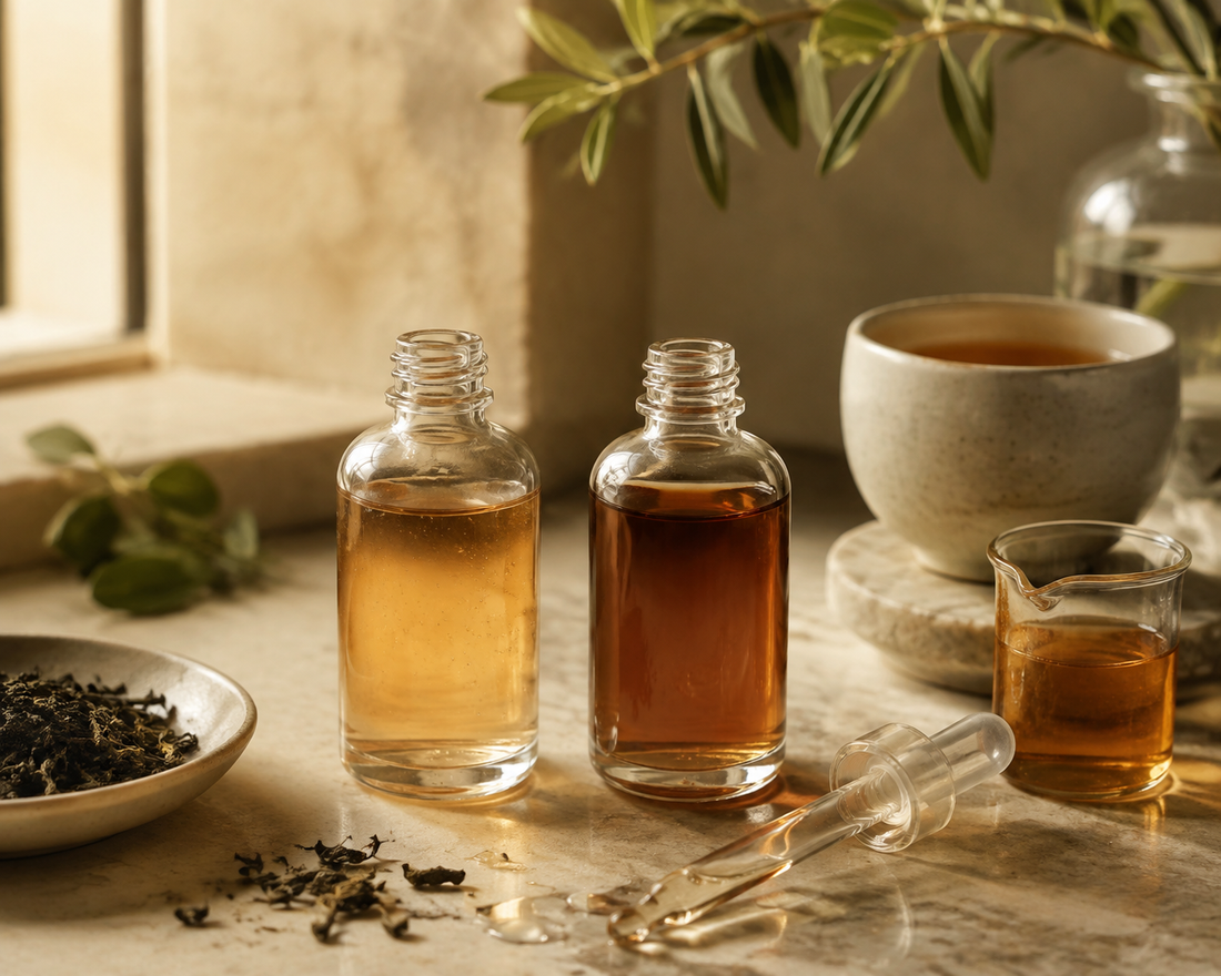 Two unlabeled skincare serums of different concentrations displayed equally beside a dropper, brewed tea and botanical leaves in warm natural light.