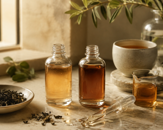 Two unlabeled skincare serums of different concentrations displayed equally beside a dropper, brewed tea and botanical leaves in warm natural light.
