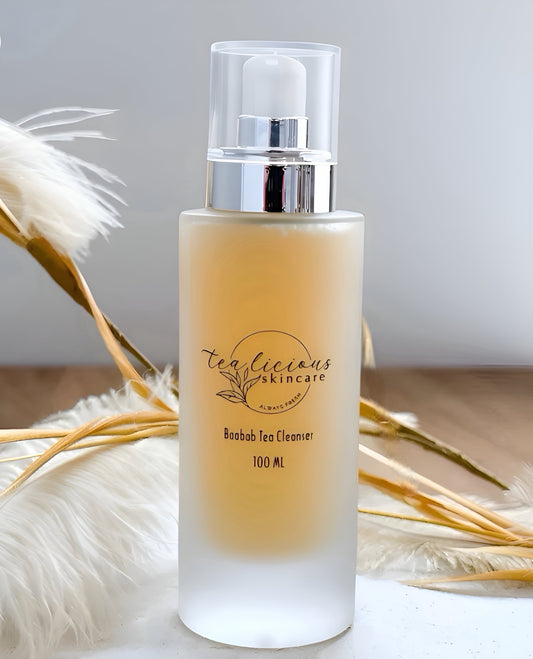 Baobab Tea Cleanser by Tea-licious Skincare for mature skin, gentle antioxidant cleanser with baobab oil in frosted glass bottle