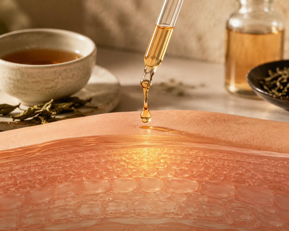 Amber skincare serum being applied to a visible cross-section of the skin barrier, with brewed tea and botanical leaves in the background.