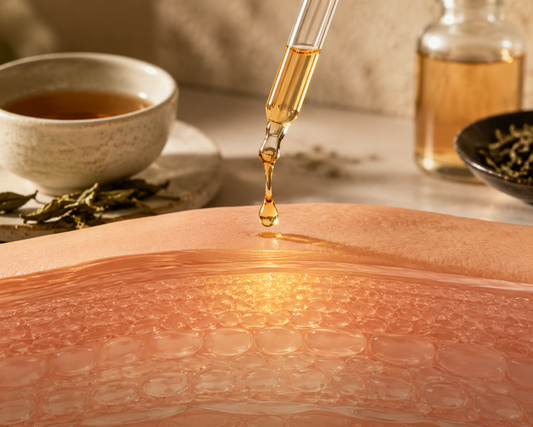 Amber skincare serum being applied to a visible cross-section of the skin barrier, with brewed tea and botanical leaves in the background.