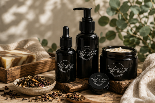 Tea-Licious Skincare black glass skincare bottles and cream jar styled with loose tea leaves, handcrafted soap, and eucalyptus in warm natural light, representing tea-infused skincare and intentional formulation.