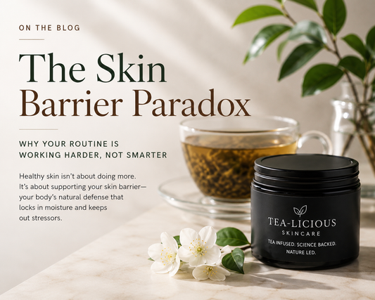 Editorial blog header for “The Skin Barrier Paradox,” featuring a black Tea-Licious Skincare jar beside brewed tea in warm natural light.