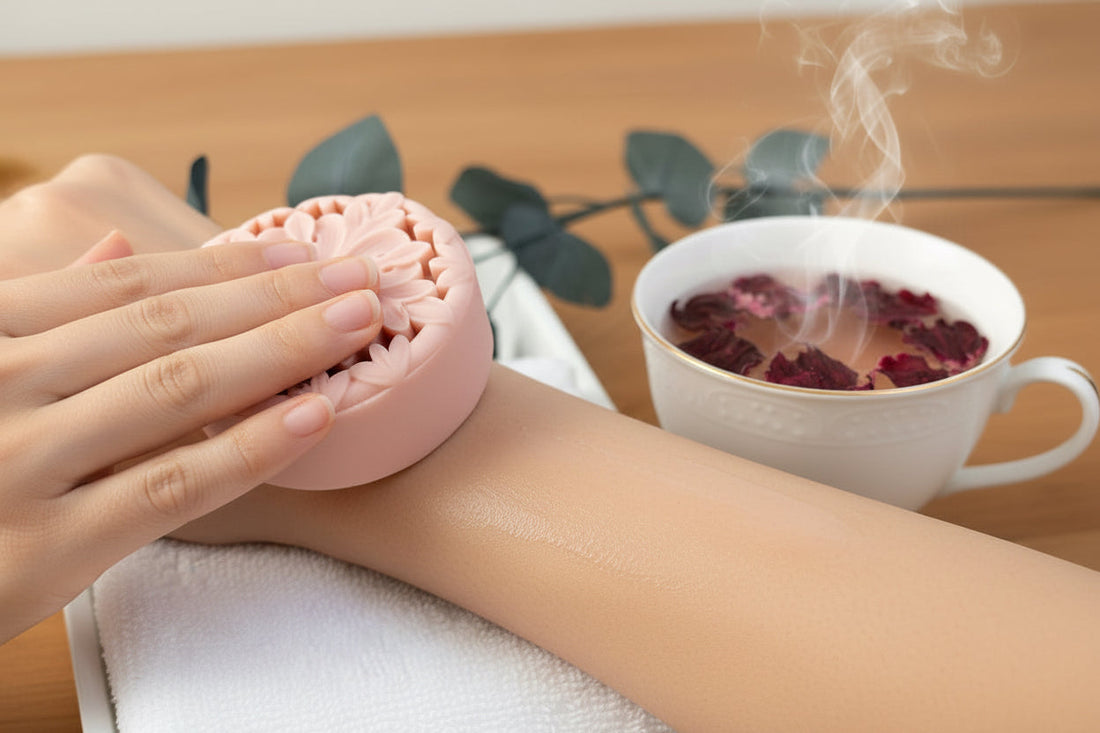 Tea-infused skincare ritual with steaming hibiscus tea and lotion bar nourishing dry skin barrier naturally