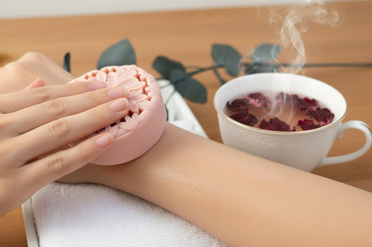 Tea-infused skincare ritual with steaming hibiscus tea and lotion bar nourishing dry skin barrier naturally