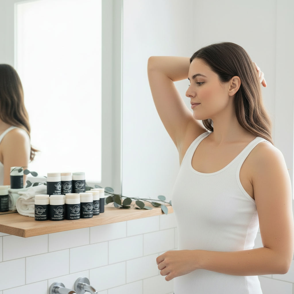 Woman applying tea-infused baking soda free deodorant in bright bathroom with Tea-licious skincare products displayed nearby