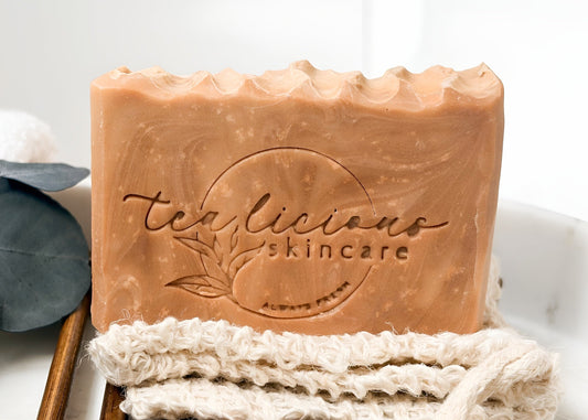 Tea infused cold process soap bar with creamy lather cleansing skin gently without stripping moisture