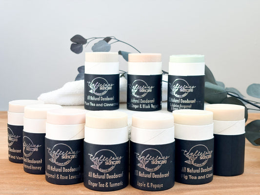 Tea-infused baking soda-free deodorant stick for sensitive skin and gentle odor control