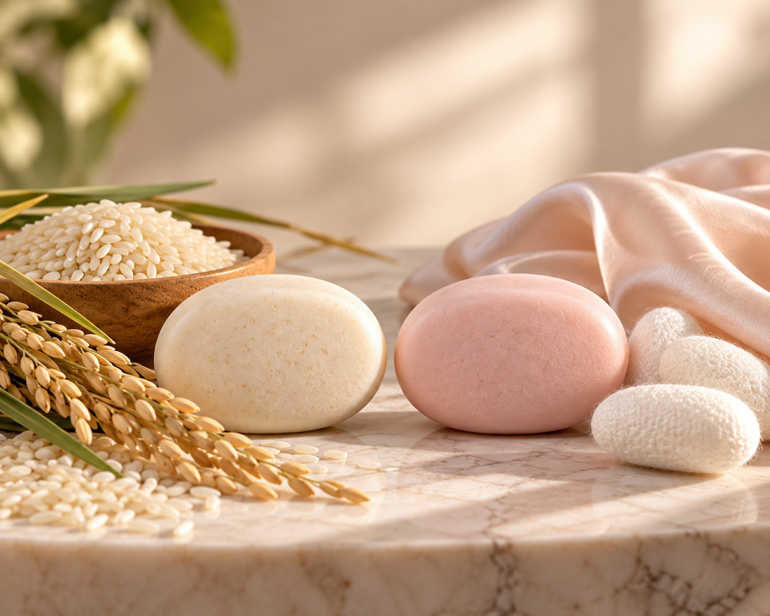 Rice protein and silk protein hair care ingredients beside solid shampoo bars on a softly lit marble surface.