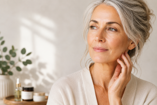 Tea-infused skincare for mature skin after 50 with healthy-looking woman and barrier-supporting skincare guidance