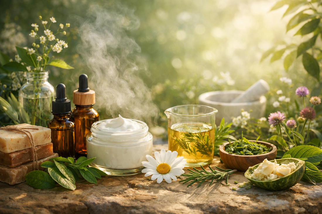 Natural living skincare scene featuring botanical ingredients, herbal tea infusion, handmade soaps, plant butters, and amber glass dropper bottles arranged outdoors in soft sunlight, conveying organic, nutrient-rich beauty and holistic skin nourishment.