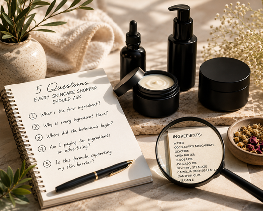 Matte black skincare containers with botanical ingredients, a magnifying glass, and an ingredient list on a neutral stone surface, symbolizing informed skincare choices and ingredient transparency.