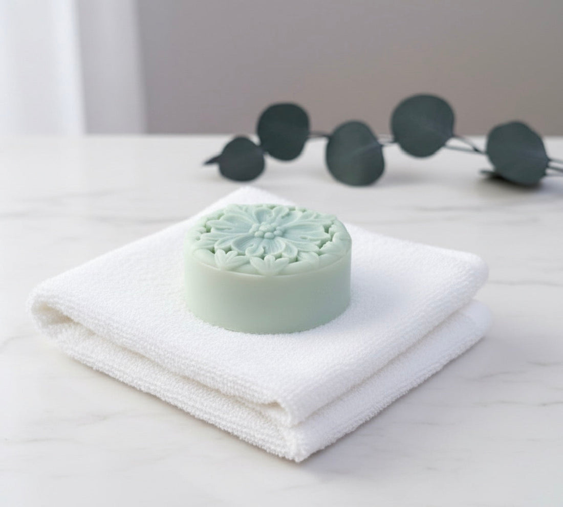 Waterless skincare solid lotion bar on folded towel with soft eucalyptus leaves minimal background