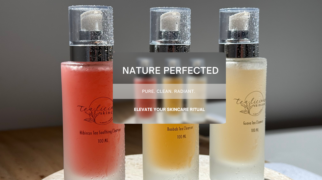 Tea-infused skincare bottles with baobab and hibiscus cleansers highlighting hydration and barrier support.
