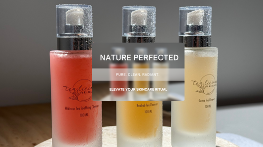 Tea-infused skincare bottles with baobab and hibiscus cleansers highlighting hydration and barrier support.