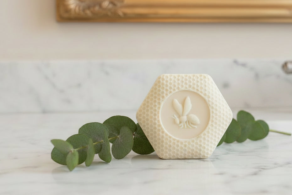 Tea-infused hexagon lotion bar with eucalyptus leaves on marble surface in soft natural light