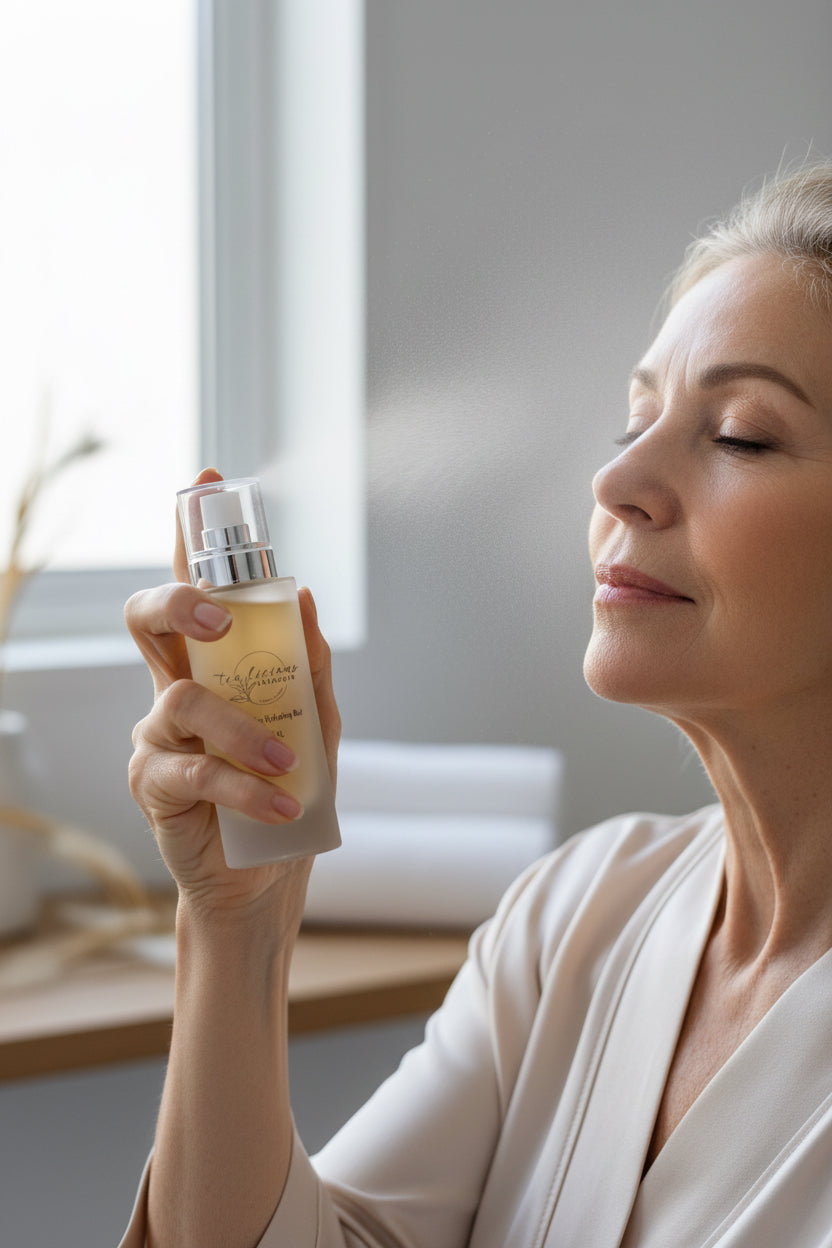 Woman applying tea-infused skincare mist to support hydration and strengthen the skin barrier naturally
