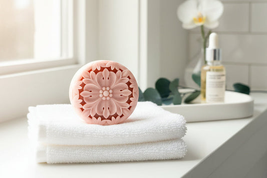 Tea-infused solid lotion bar on soft towels beside botanical skincare in bright minimalist bathroom setting