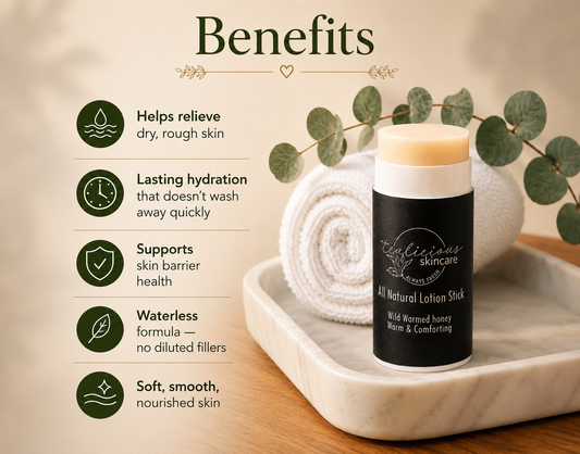 5 benefits of waterless lotion sticks with a lotion stick sitting on a matbetop counter and a rolled towel in the background 