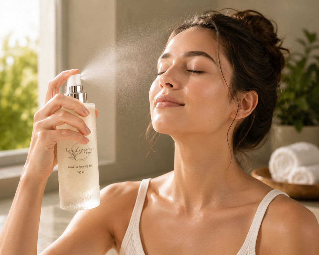 Woman misting skin with White Guava Tea Hydrating Mist in soft morning light.
